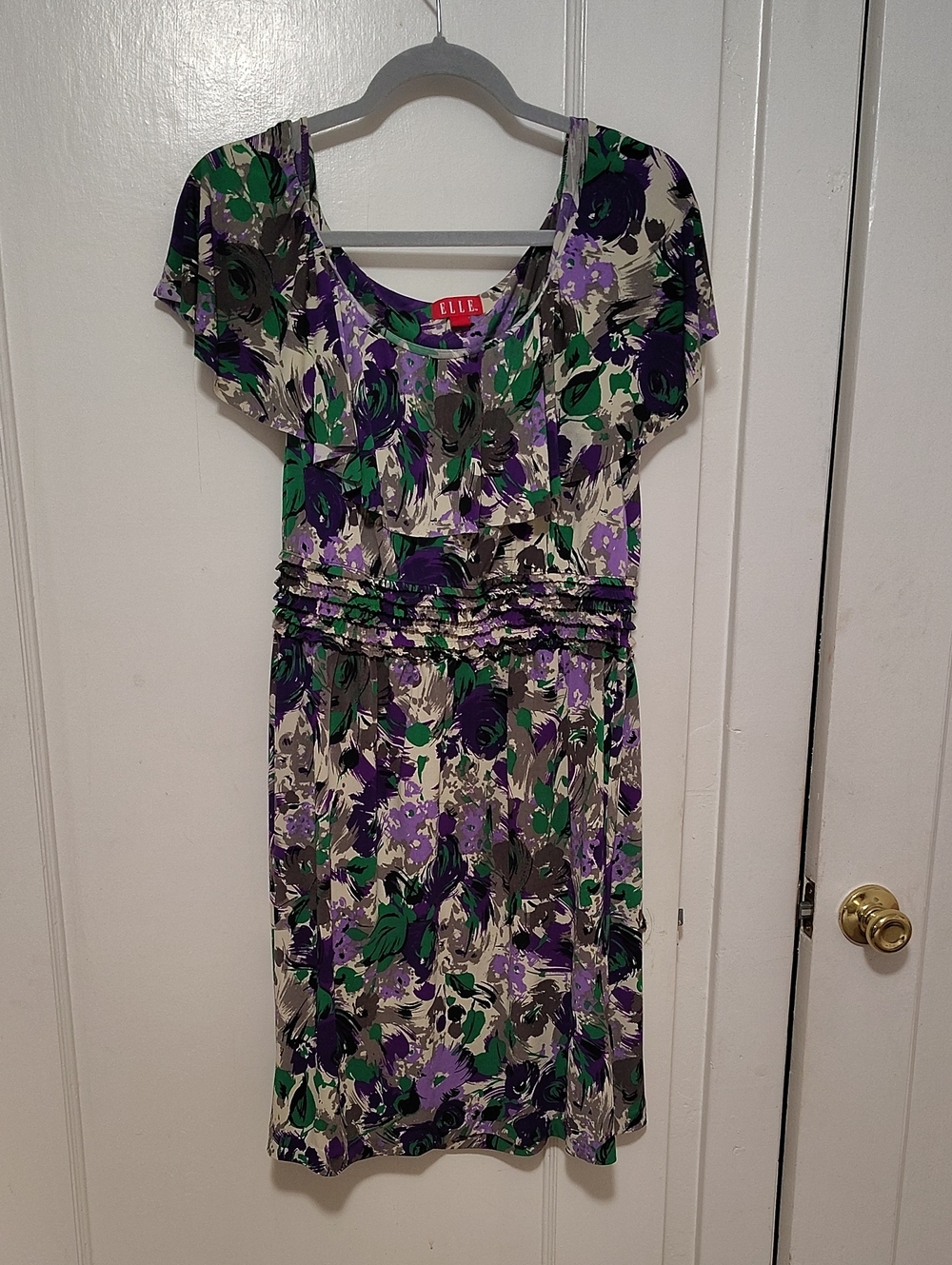 ELLE Purple & Green Floral Scoop Dress with Ruching